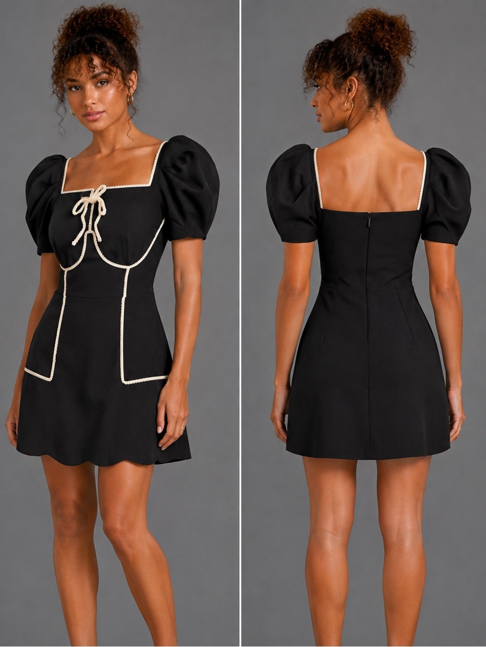Black Contrast Trim Puff Sleeve Mini Dress Size S - Picture 1 of 7